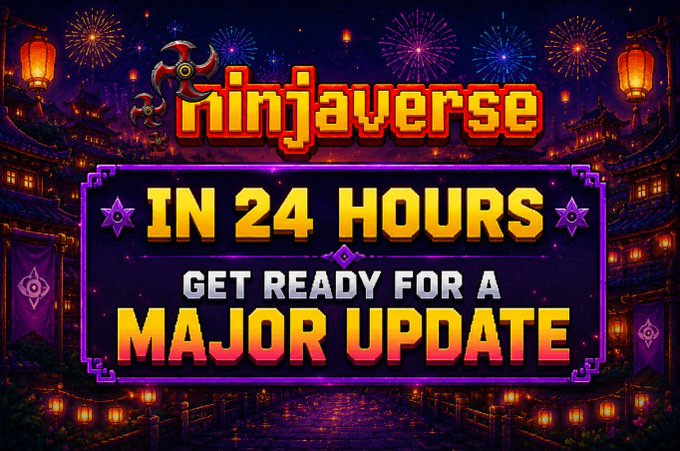 A promotional graphic for 'ninjaverse' featuring the text 'IN 24 HOURS GET READY FOR A MAJOR UPDATE' against a festive Asian-themed background with lanterns and fireworks.