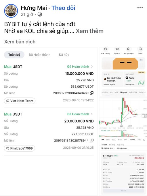 A screenshot of a Facebook post by 'Hưng Mai' showing cryptocurrency transactions, specifically purchases of USDT, with dates from 2026 and a trading chart visible.
