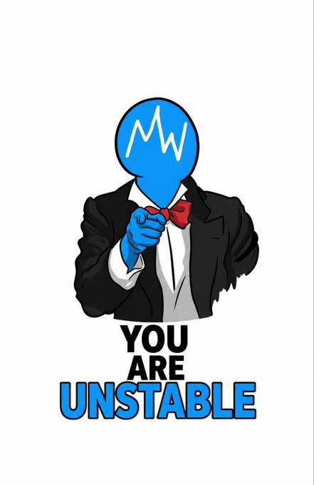 A cartoon character with a blue location-pin head and "MW" logo, dressed in a black suit with a red bow tie, points at the viewer with the text "YOU ARE UNSTABLE" below.