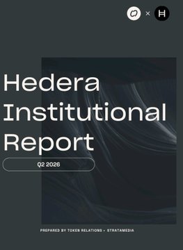 The screenshot is of the title page for an Institutional Report, released by Hedera in 2026. The design is sleek and formal, reflecting the professional nature of the document. The cover page includes a prepared by token relations and stratamedia.
