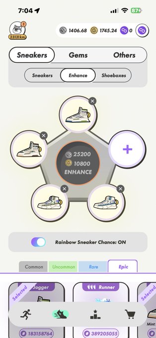 A mobile game screenshot shows a Sneakers enhancement interface with categories for Common, Uncommon, Rare, and Epic items, displaying costs of 25200 and 10800.