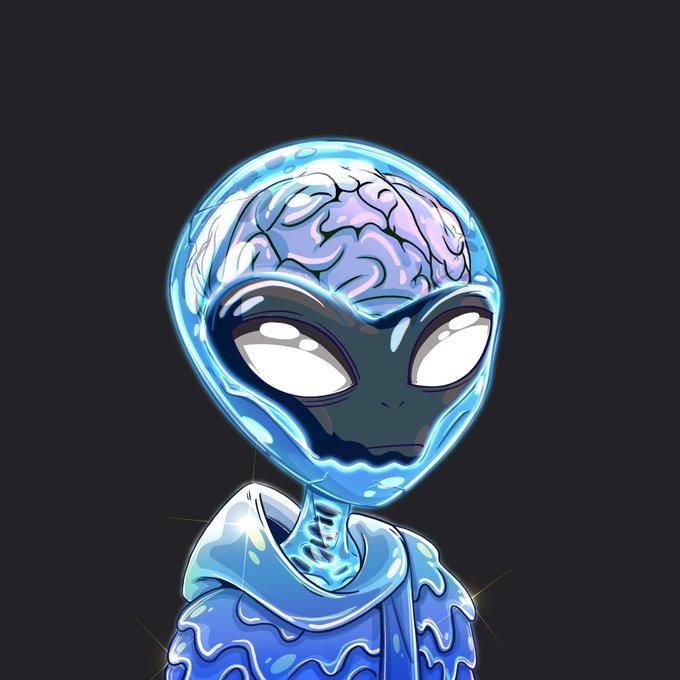 A digital illustration of a stylized alien character featuring a transparent blue head revealing a visible brain, large white eyes, and wearing a blue hoodie, set against a black background.