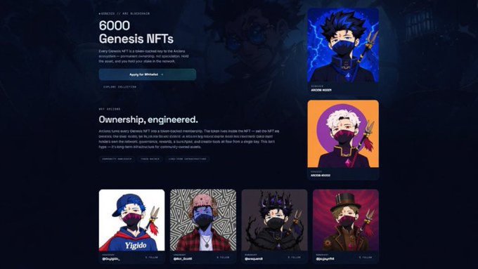 A website for Genesis NFTs by Arcadia, showing 6000 Genesis NFT collection details and 'Ownership, engineered' text alongside various character NFT images.