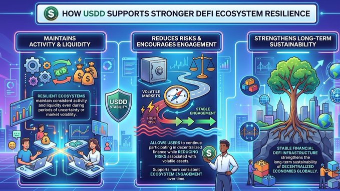 The image shows a colorful illustration of an ecosystem that represents different aspects of the USDC project, focusing on supporting stronger DeFi resilience through various methods. These include reducing risks and encouraging engagement through stablecoins, protecting activity against market volatility with user funding, and ensuring stability in the face of uncertainty or market changes. The post also emphasizes how stablecoins can support a resilient ecosystem by providing financial tools for users.