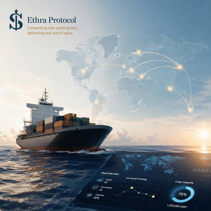 A cargo ship sails across the ocean beneath a digital world map traced with glowing trade routes, overlaid with an Ethra Protocol dashboard showing 32 vessels, 18 active routes, 92% utilization, and 1,250,000 DWT at 75% cargo capacity—illustrating how Ethra tokenizes real-world dry bulk shipping assets connected through global trade rather than synthetic yield.