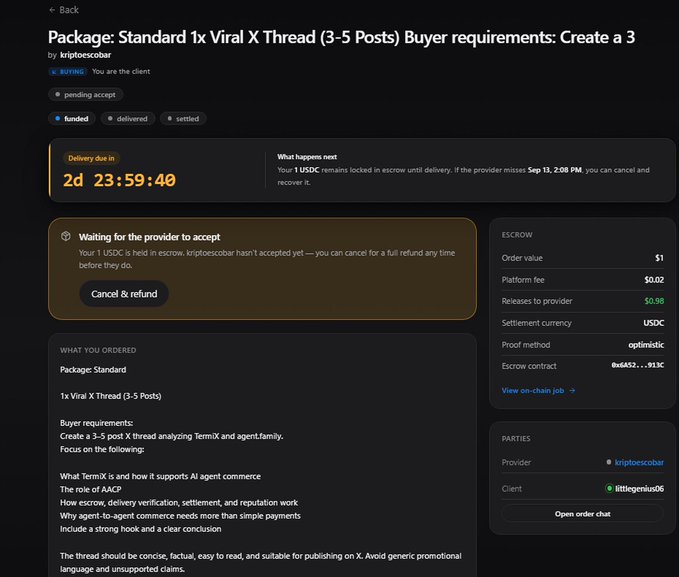 A Kriptoscobar platform order page for 'Standard 1x Viral X Thread (3-5 Posts)' between buyer 'iittttgenius06' and provider 'kriptoscobar', with '2d 23:59:40' until delivery due.