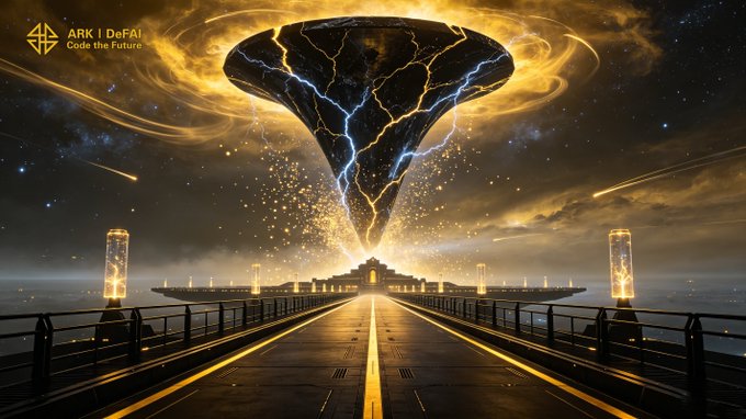 The image shows a dramatic, futuristic scene featuring a massive black tornado or vortex crackling with golden lightning, set against a cosmic sky, leading down to a glowing temple-like structure at the end of an illuminated pathway. In the top-left corner, the text reads "ARK | DeFAI" and "Code the Future," visually echoing the post's message of bold, directed momentum toward a transformative future that the Arkie AI App helps turn into reality.