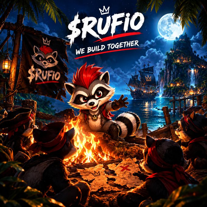 A vibrant illustrated promotional image for '$RUFIO' featuring the slogan 'WE BUILD TOGETHER,' showing an animated raccoon character with red hair sitting by a campfire at night with pirate-themed raccoons, a pirate ship, and a treasure map.
