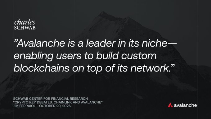 A Charles Schwab graphic quoting Jim Ferraioli, October 20, 2026, states: “Avalanche is a leader in its niche—enabling users to build custom blockchains on top of its network.”