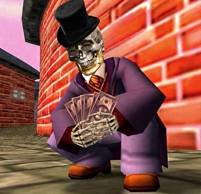 A 3D-rendered skeleton wearing a black top hat, glasses, and a purple suit holds a fan of hundred-dollar bills in an alleyway with a brick wall background.