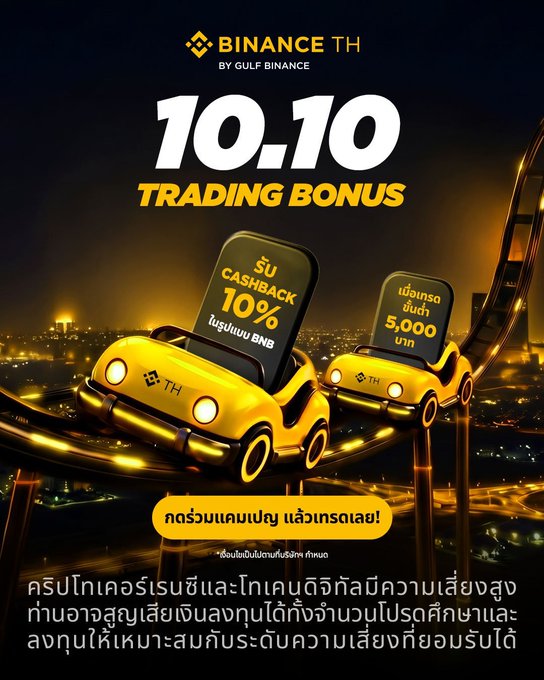 A Binance TH promotional advertisement for a "10.10 TRADING BONUS" offering 10% BNB cashback and 5,000 Baht rewards, featuring golden cars on a roller coaster track.