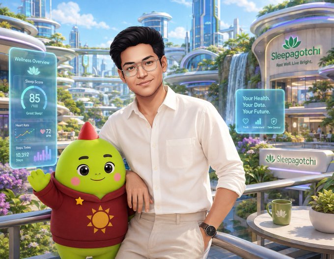 An illustration of a man with glasses standing next to a green mascot character in a red hoodie, displayed alongside "Sleepagotchi" branding and a wellness overview showing a sleep score of 85, heart rate of 72 BPM, and 10,392 steps.