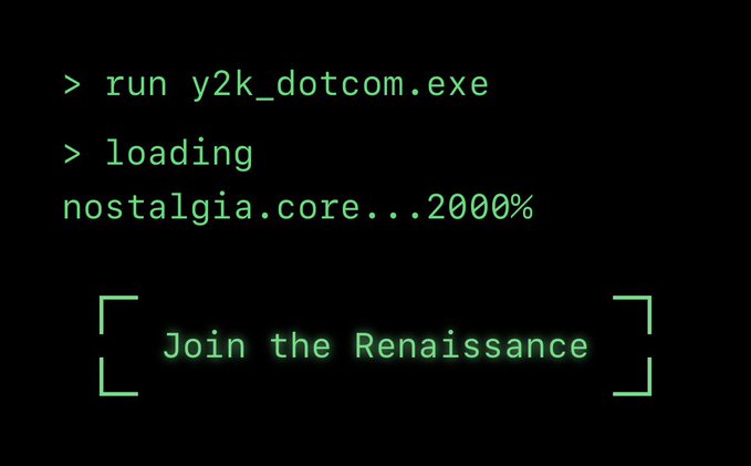 A retro-styled terminal screen displays green text on black background reading "> run y2k_dotcom.exe", "> loading nostalgia.core...2000%", with "Join the Renaissance" framed in brackets, evoking late 1990s internet aesthetics that tie directly to the nostalgic Y2K era being celebrated in the post about the $Y2K token.