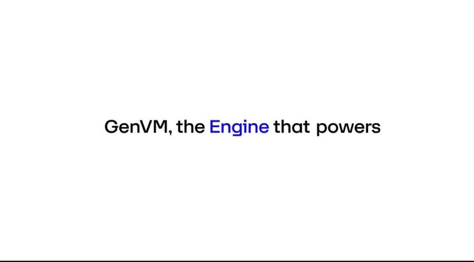 The image displays the text "GenVM, the **Engine** that powers" (with "Engine" highlighted in blue) on a plain white background, serving as a title slide that introduces the underlying technology being referenced in the accompanying discussion about smart contracts and consensus limitations.