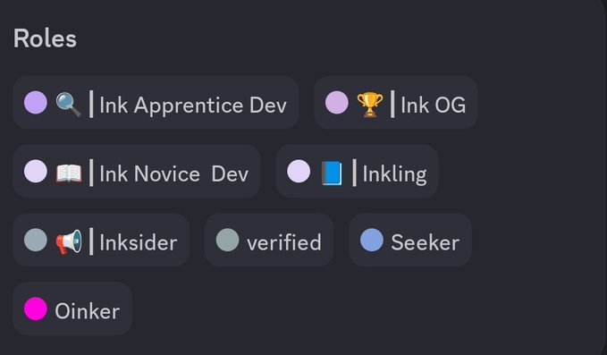A Discord roles list showing badges like "Ink Apprentice," "Ink Novice," "Inksider," "Inkling," "Ink OG," and "Oinker," which appears to support the post's reminder to @krakenfx and @inkonchain to honor the original early community members who earned these roles by trading NFTs, memes, and boosting the platform before late-stage participants like Nado, Tydro, and KrakenPro joined.