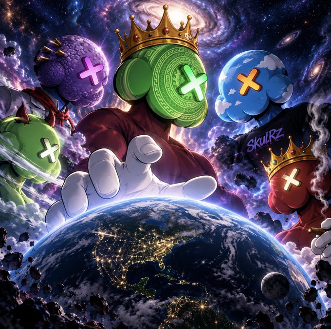 Fantasy digital artwork signed 'SkulRz' showing crowned characters with X symbols for faces standing over Earth in space, including a green figure with a coin-like emblem and spiked purple and blue figures.