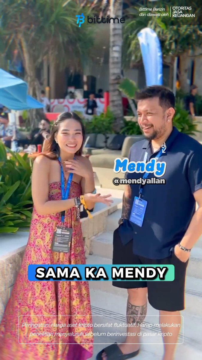 A promotional image for Bittime featuring a woman and a man labeled 'Mendy @mendyallan' with text 'SAMA KA MENDY' and a crypto investment disclaimer in Indonesian.
