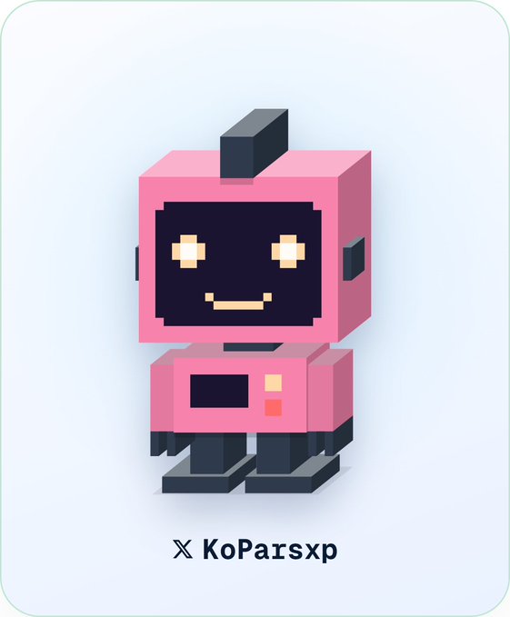 A 3D voxel pink robot mascot with a smiling face and antenna, labeled "X KoPaisxp" on a light gradient background.