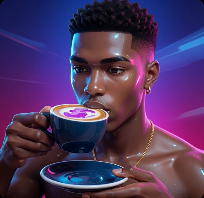 A 3D-rendered digital portrait of a young Black man with textured hair drinking from a blue coffee cup with purple latte art, set against a vibrant pink and blue neon background.
