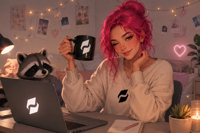 A digital illustration of a young woman with vibrant pink hair holding a black mug with a stylized 'S' logo, sitting at a laptop displaying the same logo, with a raccoon companion behind her in a cozy, string-lit room.