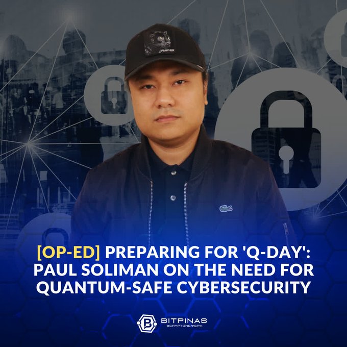 A BitPinas article header featuring a man in a black cap and jacket against a digital lock-themed background, titled "[OP-ED] PREPARING FOR 'Q-DAY': PAUL SOLIMAN ON THE NEED FOR QUANTUM-SAFE CYBERSECURITY".
