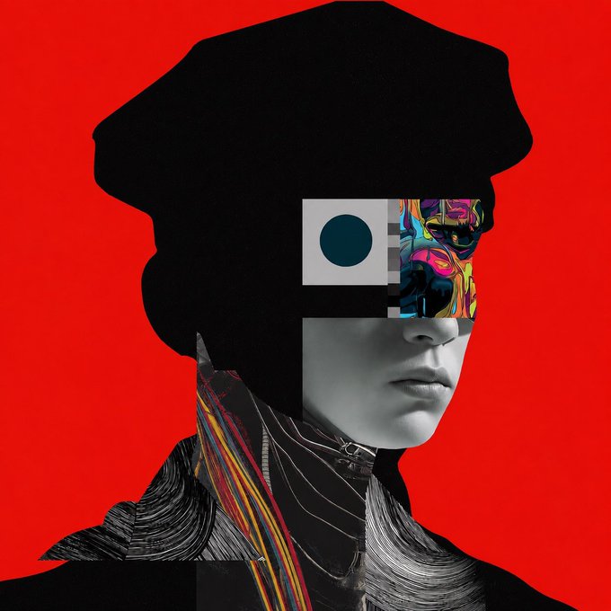 Digital artwork featuring a figure with a black silhouette head and a pixelated/blocky face design, wearing a beret and colorful textured clothing against a bright red background.