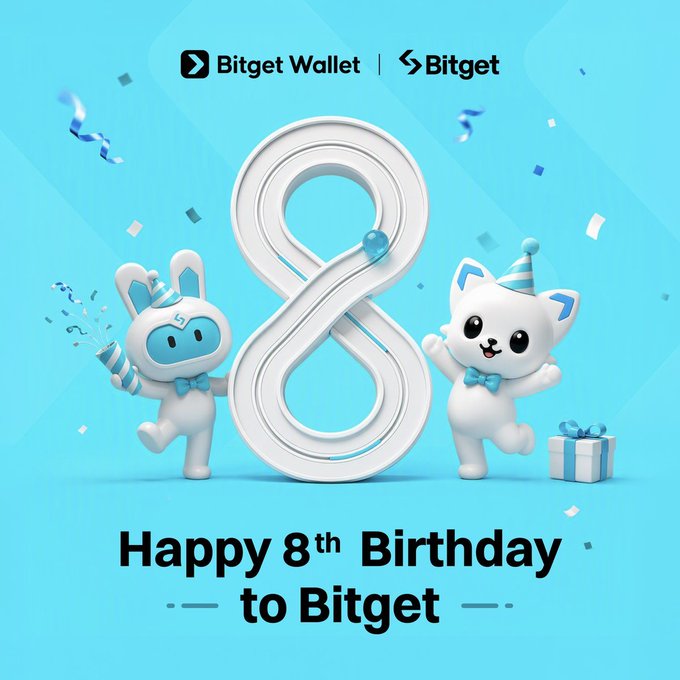 A promotional graphic for Bitget Wallet and Bitget featuring two cartoon animal mascots, a large white number '8', and the text 'Happy 8th Birthday to Bitget.'