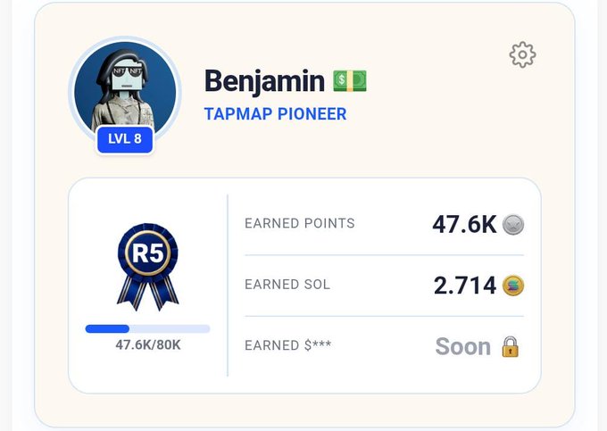 A Tapmap Pioneer profile card for user 'Benjamin' at LVL 8, showing 47.6K earned points, 2.714 earned SOL, and a locked 'Soon' earnings tier.