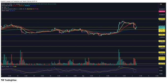 A TradingView chart of Bitcoin (BTC/USD) shows a 1-hour candle view with Bitcoin priced at $80,313.44, accompanied by the Stochastic RSI indicator (K: 14.69, D: 24.06) and several moving averages, illustrating a recent sharp price drop followed by stabilization—consistent with the caption suggesting that BTC's shakeout is nearly complete.