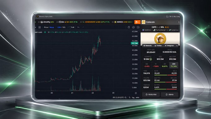 A laptop displays a crypto trading chart for JimmytheWorm (GATE/SOL) alongside a Catecoin (CATE/SOL) tracker on DexScreener.