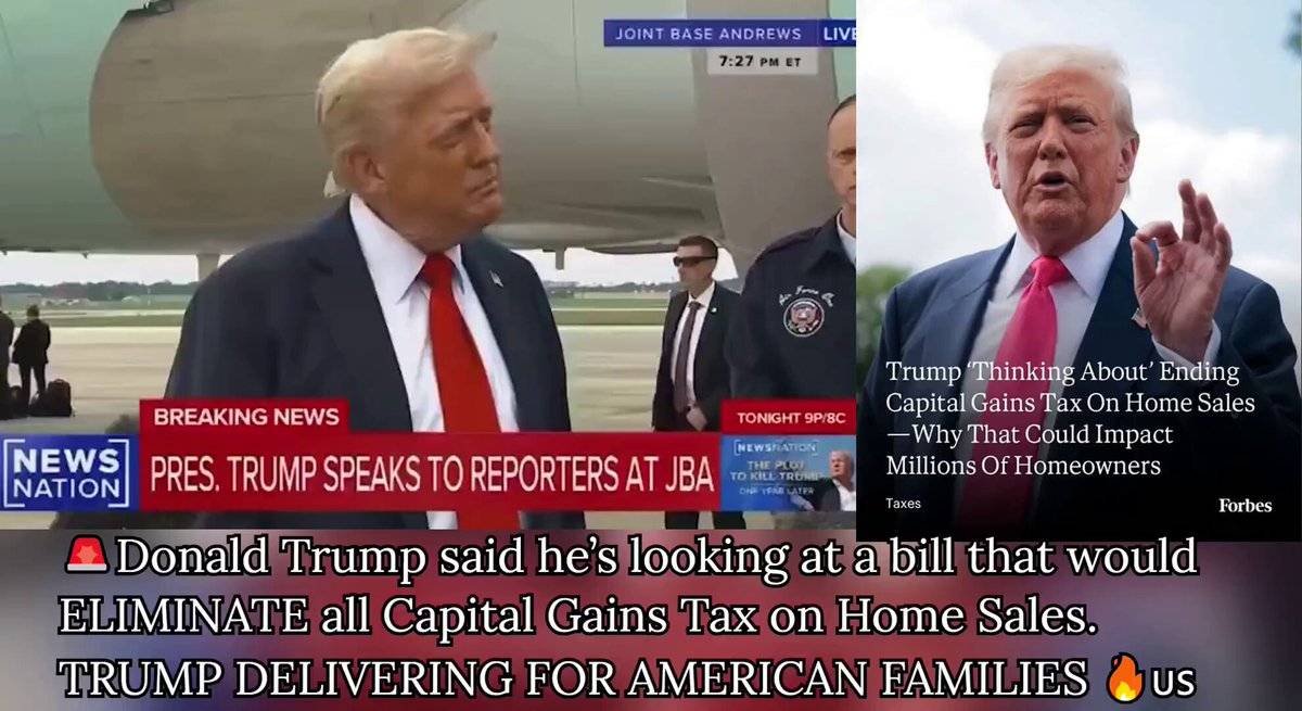 The image shows two news articles about Donald Trump, one of which is titled "Eliminate all Capital Gains Tax on Home Sales" while the other is titled "Trump said he's looking at a bill that would ELIMINATE all Capital Gains Tax on Home Sales". The first article is from a news website called "BREAKING NEWS", and it discusses Trump's views on capital gains tax. The second article, which is also posted in the image, is about Donald Trump himself, specifically his stance on capital gains tax. Both articles are related to the same topic but focus on different aspects of Trump's policies or statements.