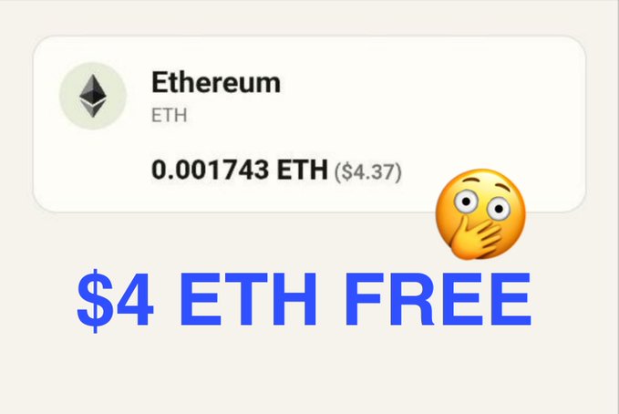 The image displays an Ethereum (ETH) balance showing 0.001743 ETH valued at $4.37, overlaid with bold blue text reading "$4 ETH FREE" and a face-palm emoji. It visually emphasizes the post's offer of a free $4 ETH reward, illustrating the small crypto amount users can claim through the Pons Bot promo.