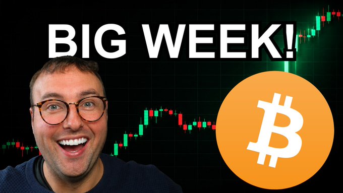 A YouTube thumbnail showing an excited man with glasses next to a large Bitcoin logo, with 'BIG WEEK!' text and a green candlestick chart in the background.