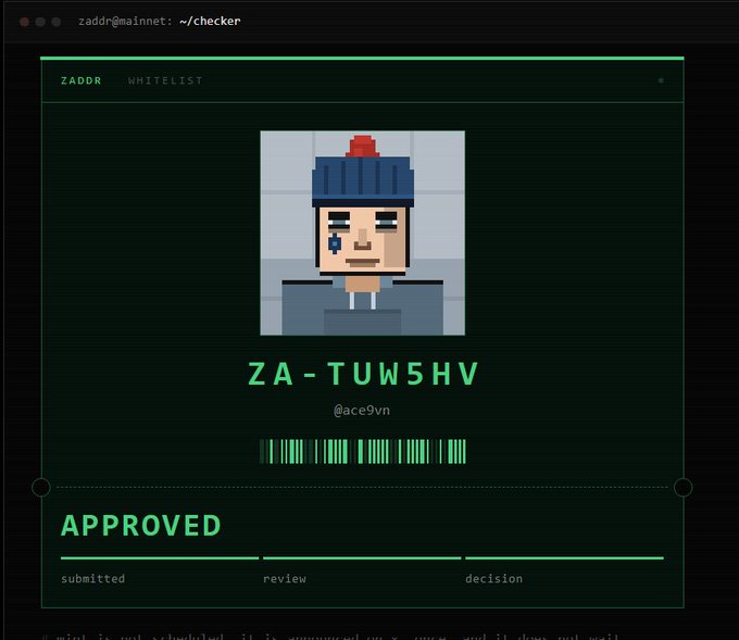 Terminal window displaying a ZADDOR WHITELIST approval page for user @ace9vn with ID ZA-TUW5HV, showing a pixel-art avatar of a character in a beanie and the status 'APPROVED' with timeline stages 'submitted', 'review', and 'decision'.