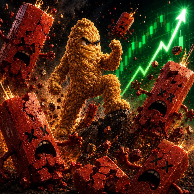 A surreal 3D render depicting a muscular, anthropomorphic piece of fried food (resembling fried chicken) standing triumphantly amid explosions and defeated brick-like creatures with 'X' eyes, with a green stock chart arrow rising in the background.