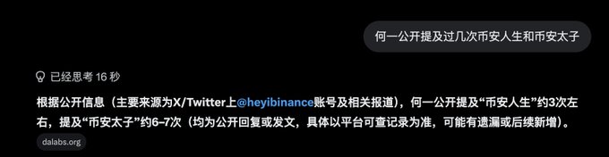 A screenshot of a Chinese-language AI response from dalabS.org on platform X confirms the claim, stating that He Yi publicly mentioned "Binance Prince" (币安太子) about 6-7 times and "Binance Life" (币安人生) about 3 times, with sources cited from @heyibinance on X/Twitter.