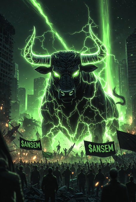 A massive, glowing green bull made of crackling electricity towers over a ruined cityscape, looming above a crowd of people holding banners that read "$ANSEM"—a visual embodiment of bullish energy tied to the $ANSEM token greeting its community.
