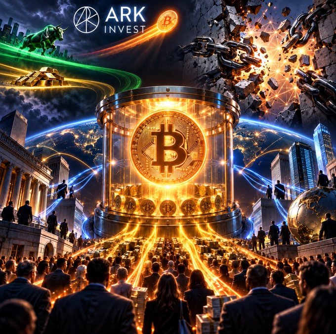 A glowing Bitcoin encased in a protective vault breaks through golden chains while crowds gather around it, with the "ARK INVEST" logo visible at the top, visually representing ARK's thesis that Bitcoin's fixed supply, institutional adoption, and resilience against seizure and censorship make its bull case stronger than ever.