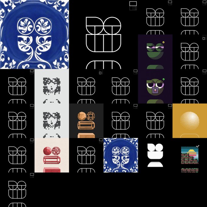 A black background features a repeating white logo design, alongside various small graphic assets including pixel art, blue and white floral patterns, and cartoon faces.