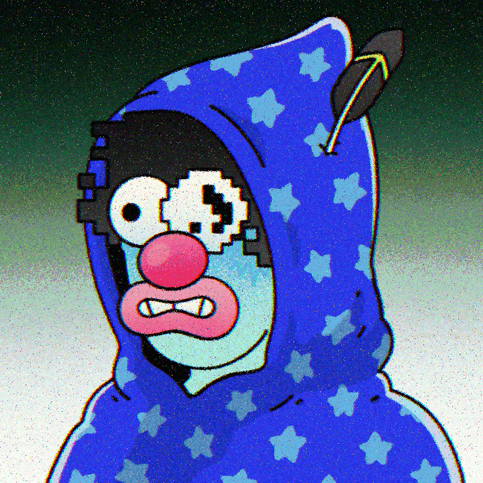 A cartoon illustration of a pixelated character wearing a blue wizard-like hood with white stars and a feather, showing a distressed expression with a pink nose.