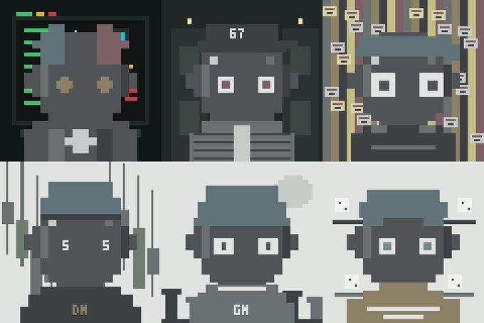 The image showcases six pixel-art robot NFT characters labeled "GT," "DM," and "GM," with one featuring "67" on its cap, representing the "Only Traits" animated SVG collection being given away via Alpha Radar.

The diverse robot designs, each with unique accessories and color schemes, visually illustrate the customizable trait variations highlighted in the project description.