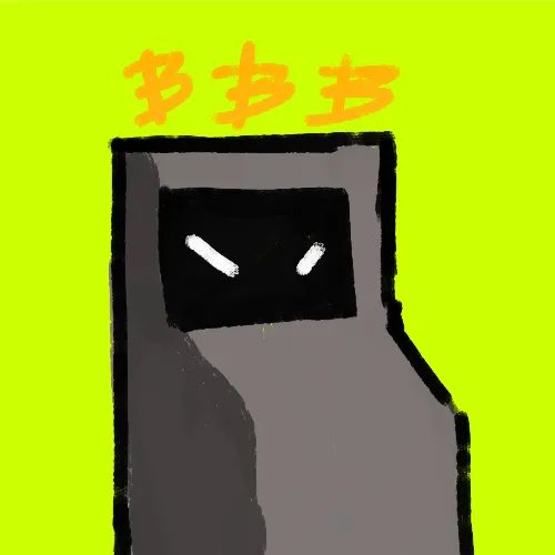 A simplistic digital drawing of a gray robotic or armored figure with a black visor showing two white diagonal eye-slits, set against a bright lime green background with orange Japanese-style text above.