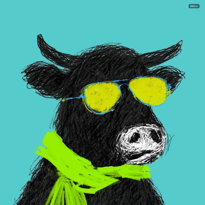 A stylized illustration of a black bull wearing yellow sunglasses and a neon green scarf against a bright teal background, with the "BULL" watermark in the corner.