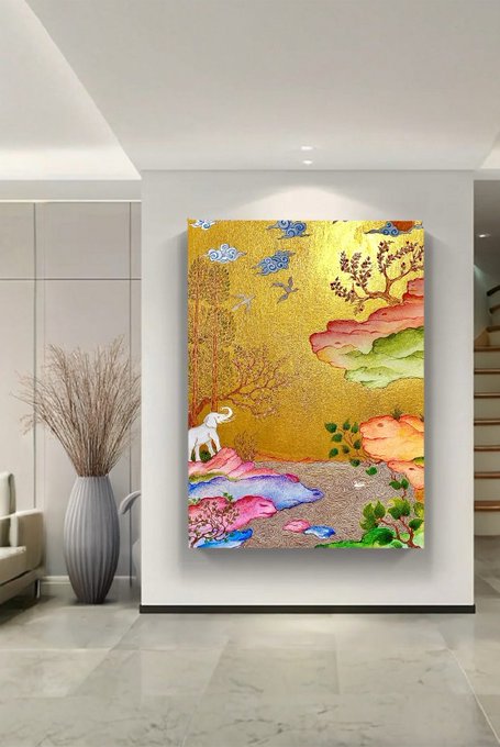 A luxurious interior space displaying a large, brightly colored artwork featuring a golden background, a white elephant, and a colorful landscape, mounted above a marble floor.