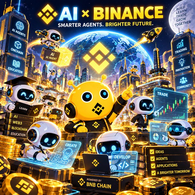 A vibrant promotional graphic for 'AI × BINANCE' with the tagline 'SMARTER AGENTS. BRIGHTER FUTURE.', featuring cartoon robots engaged in activities like trading, learning, and creating, with a 'POWERED BY BNB CHAIN' label at the bottom.