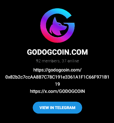 A Telegram channel page for GODOGCOIN.COM showing 92 members, 37 online, with links and a 'VIEW IN TELEGRAM' button, featuring a dog logo.