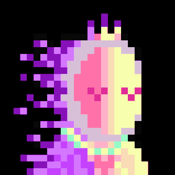 A pixel art image showing a stylized figure with pink and yellow tones against a black background, with purple particle-like effects on the left side.