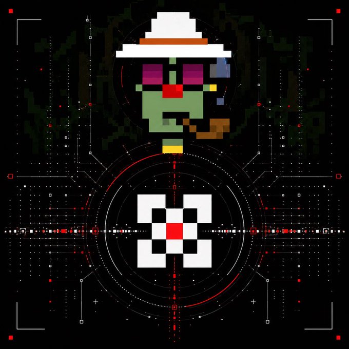 A pixel art image features a green-skinned character wearing a white hat and purple sunglasses, smoking a pipe, positioned above a stylized "SP" logo within a red-and-black targeting reticle design, aligning with the Stonkpit "Pitboy - 62" NFT collection from the referenced opensea.io marketplace.