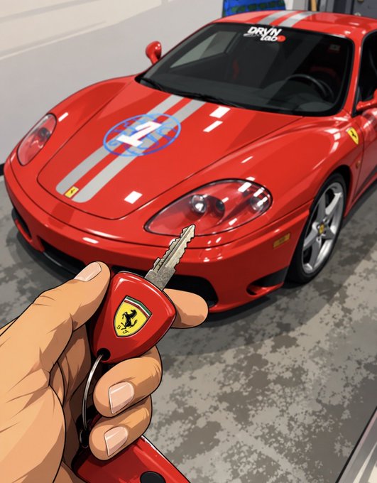 An illustrated hand holds a red Ferrari key fob with a metal key extended in front of a red Ferrari sports car featuring white racing stripes and a blue circular logo on the hood.