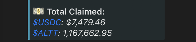 A dark interface displaying 'Total Claimed:' with $USDC: $7,479.46 and $ALTT: 1,167,662.95 in white and blue text.
